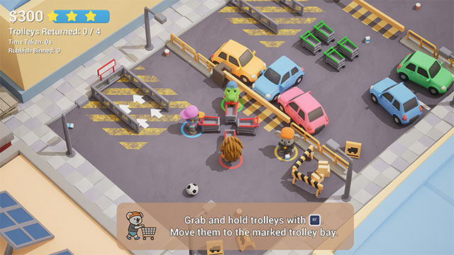 Thu gom xe đẩy, dọn rác, giao hàng, xếp hàng... trong bãi đỗ xe hỗn loạn