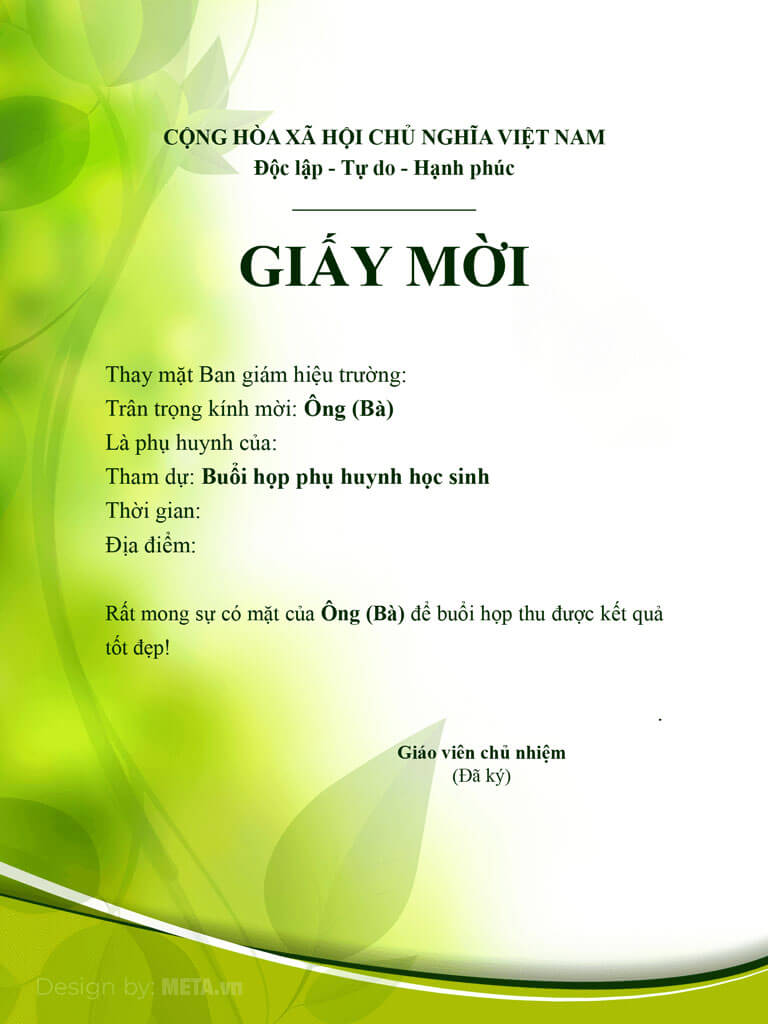 Mẫu giấy mời Họp phụ huynh đầu năm