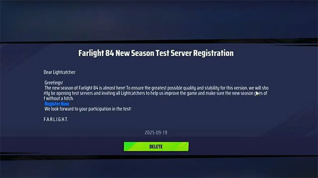 Thư mời tham gia máy chủ thử nghiệm game Farlight-84