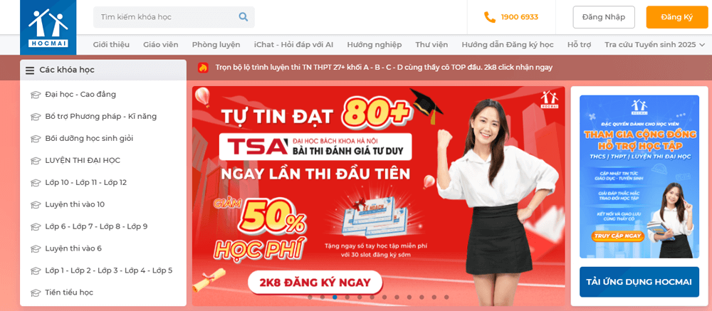 Giao diện trang chủ của trang web HOCMAI
