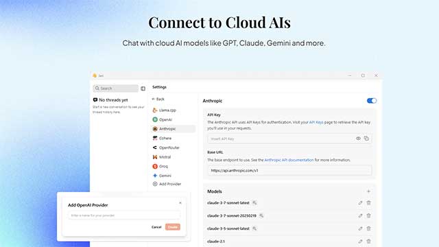 Jan AI có thể kết nối linh hoạt với các dịch vụ đám mây