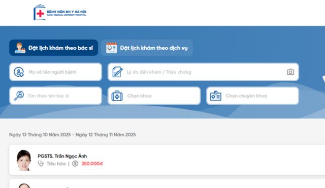 Đặt lịch khám trực tuyến tại trang Bệnh viện Đại học Y Hà Nội