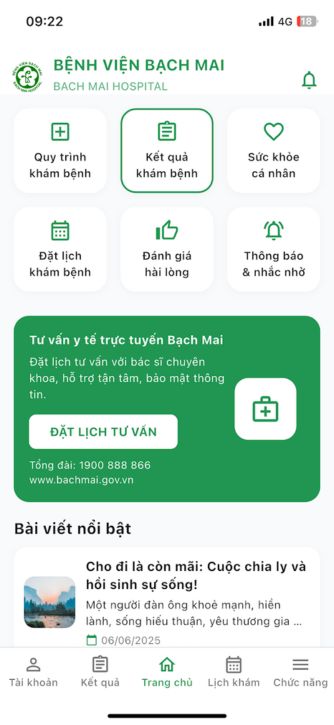 Giao diện chính của app Bach Mai Care