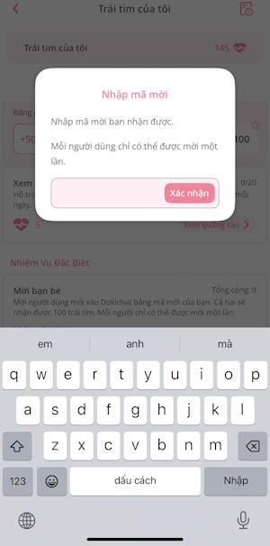 Nhập mã để nhận tim