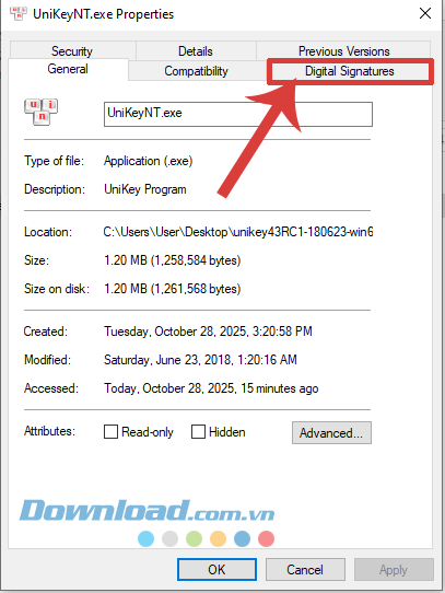 Click chuột vào mục Digital Signatures