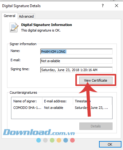 Nhấp chuột vào mục View Certificate