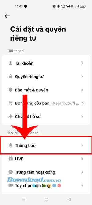 Nhấn vào mục Thông báo