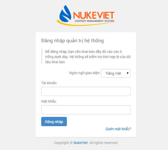 Giao diện đăng nhập quản trị hệ thống NukeViet