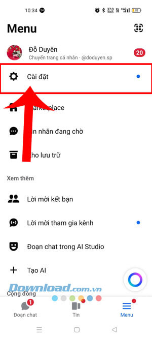 Chạm vào mục Cài đặt