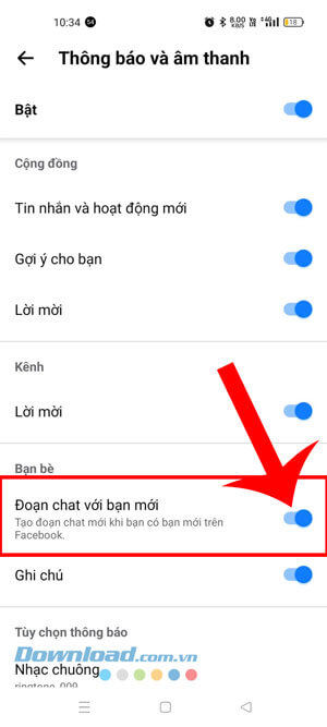 Gạt và tắt tại công tác tại mục Đoạn chat với bạn mới