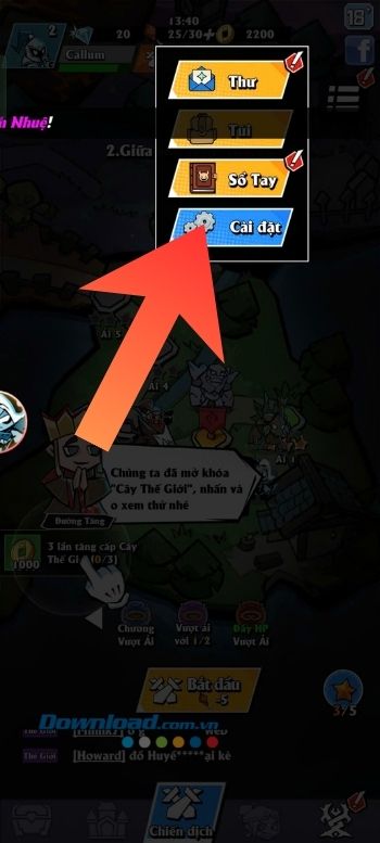 Chạm vào mục Cài đặt