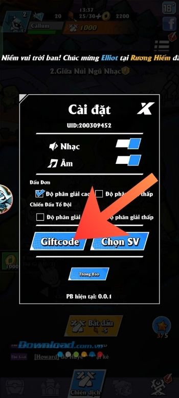 Nhấn vào nút Giftcode