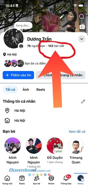 Số lượng bài viết đã đăng hiển thị ở dưới tên tài khoản Facebook
