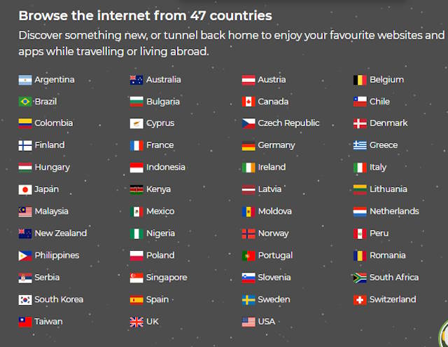 TunnelBear giúp bạn kết nối Internet thông qua máy chủ đặt tại 47 quốc gia khác nhau