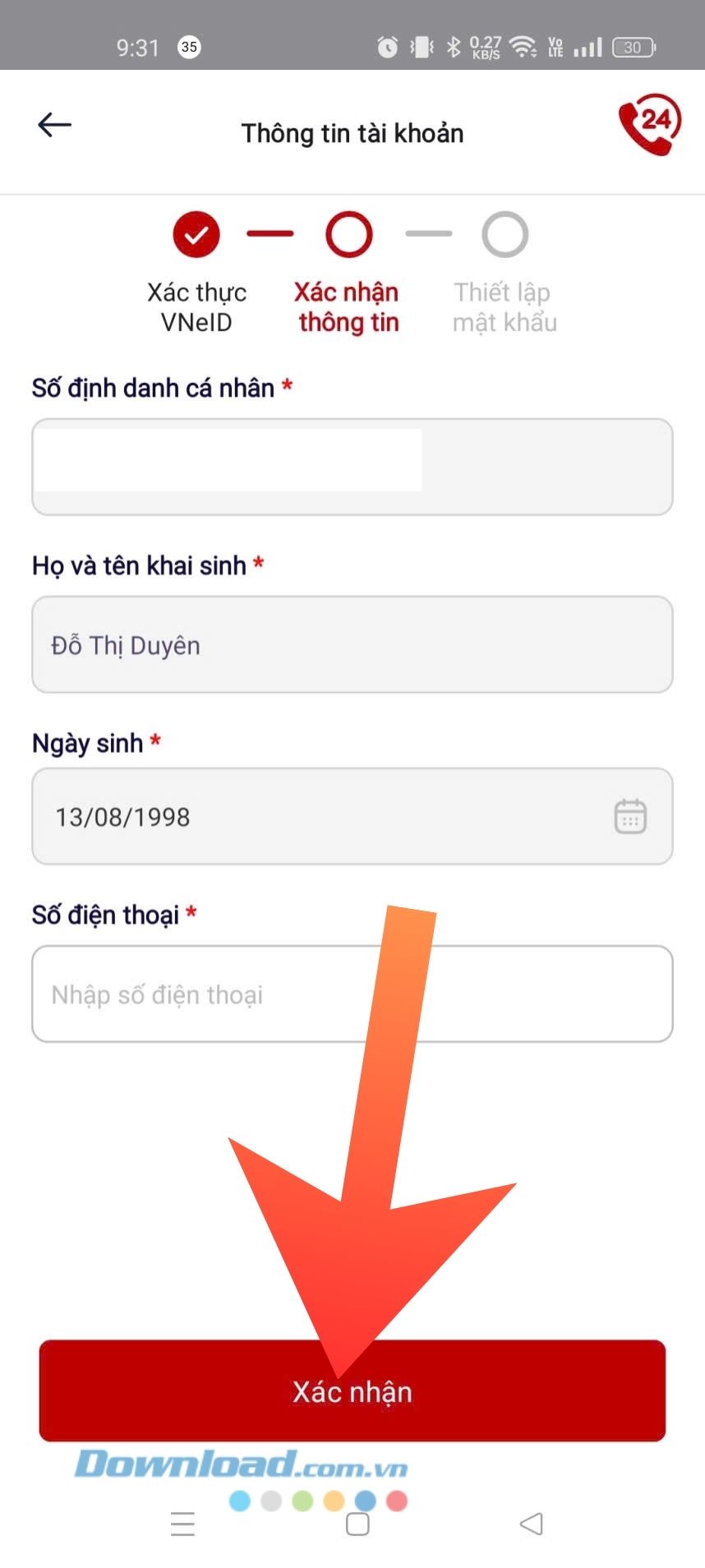 Chạm vào nút Xác nhận