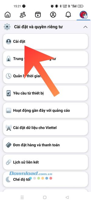 Chạm vào mục Cài đặt