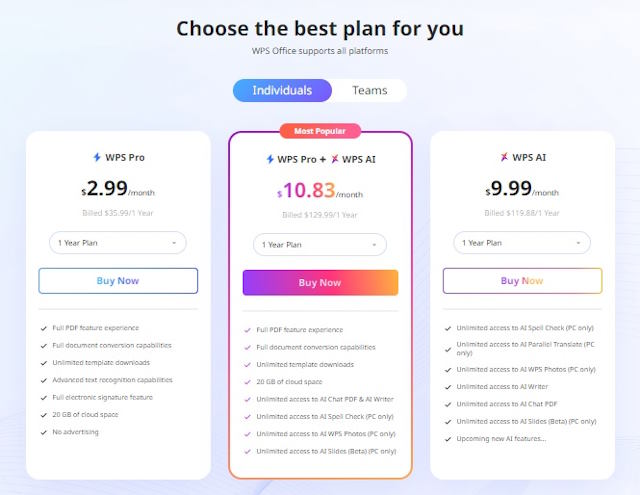 Các gói WPS Office Premium