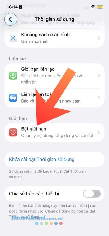 Chạm vào mục Bật giới hạn