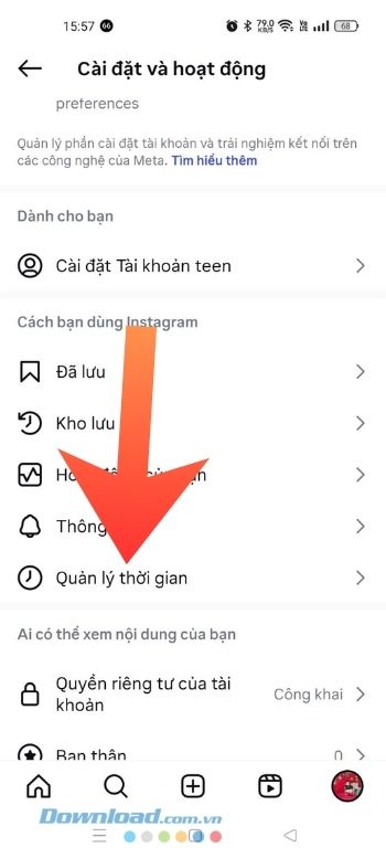 Chạm vào mục Quản lý thời gian