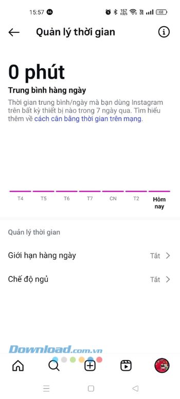 Hiển thị biểu đồ thống kê chi tiết về tổng thời gian sử dụng Instagram
