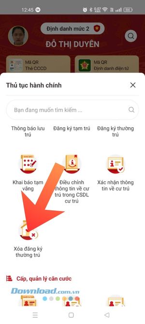 Nhấn vào mục Xóa đăng ký thường trú
