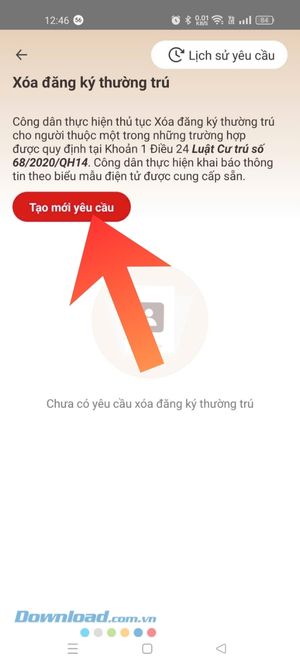 Ấn vào nút Tạo mới yêu cầu
