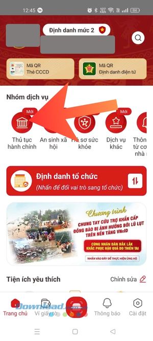 Ấn vào mục Thủ tục hành chính