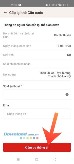 Nhập thông tin của người cần cấp lại CCCD > Chạm vào mục Kiểm tra thông tin