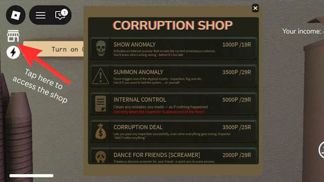 Corruption Shop cho bạn mua vật phẩm tăng sức mạnh