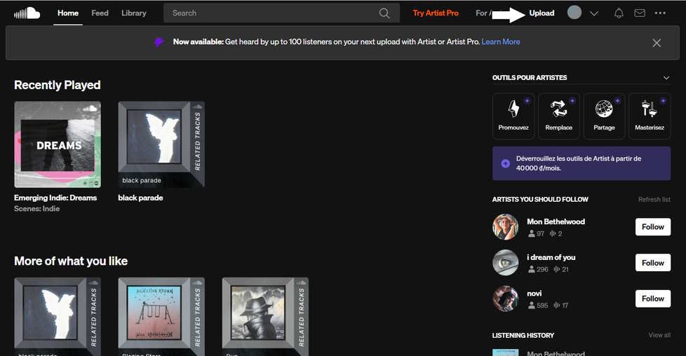 Nhấn nút Upload để tài bản nhạc hoặc ca khúc của bạn lên SoundCloud