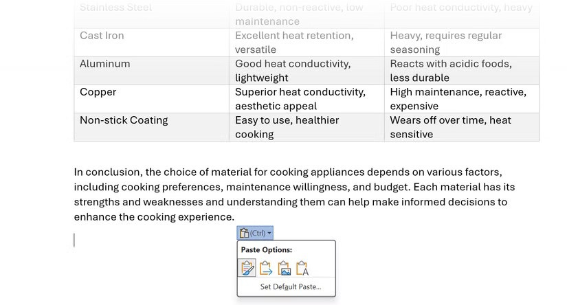 Quyết định sau khi dán dữ liệu
