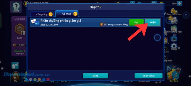 Chạm vào Nhận ở mục Phần thưởng giảm giá