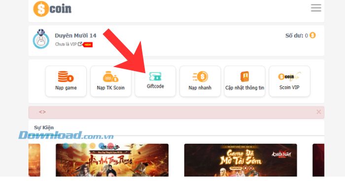 Nhấn vào mục Giftcode