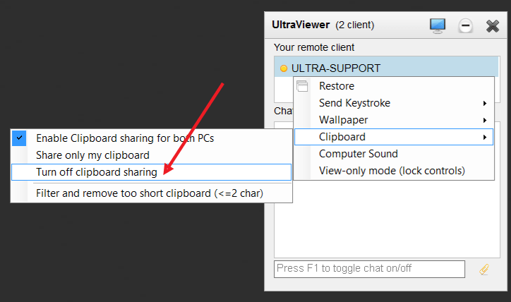 Tắt tính năng chia sẻ clipboard của UltraViewer