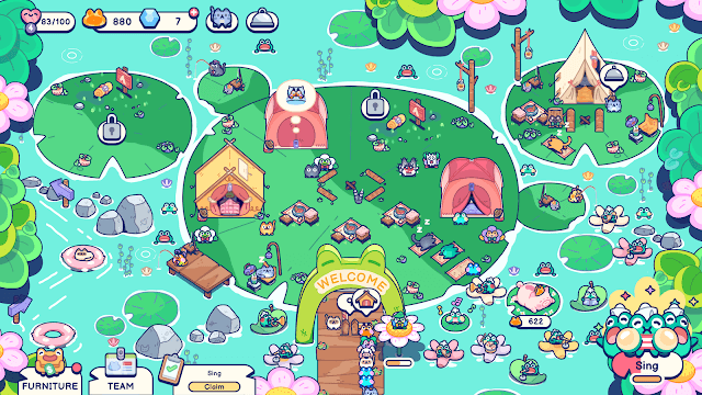 Bạn xây dựng và quản lý khu cắm trại nổi giữa một chiếc ao đầy màu sắc trong game Pond Pals