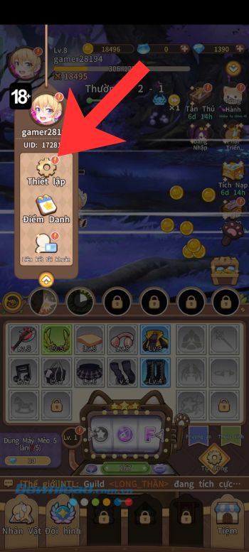 Ấn vào mục Thiết lập