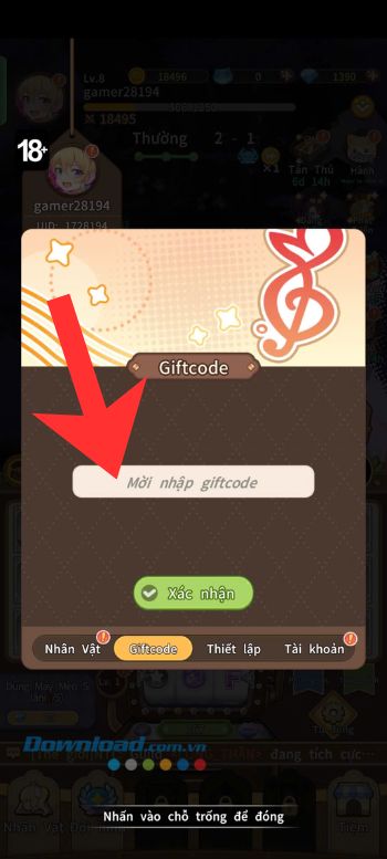 Nhập mã code game > Nhấn vào nút Xác nhận