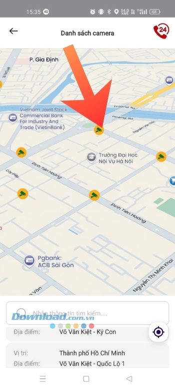 Tìm kiếm, chạm vào biểu tượng camera phạt nguột của tuyến đường