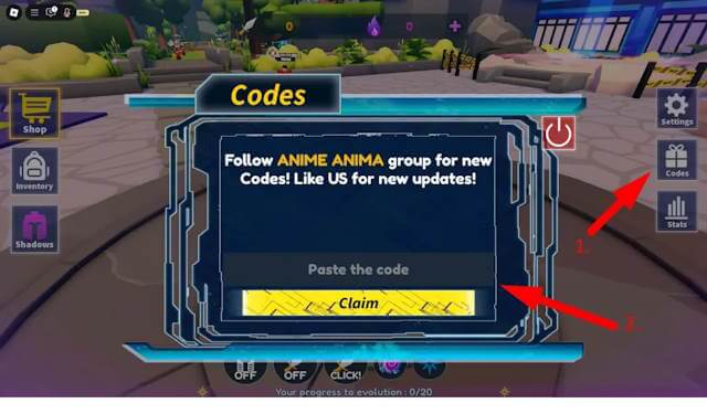 Cách nhập code trong Anime Evolution