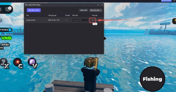Click chuột vào nút Play tại mục Script
