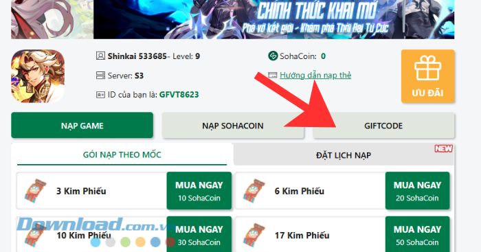 Click chuột vào nút Giftcode