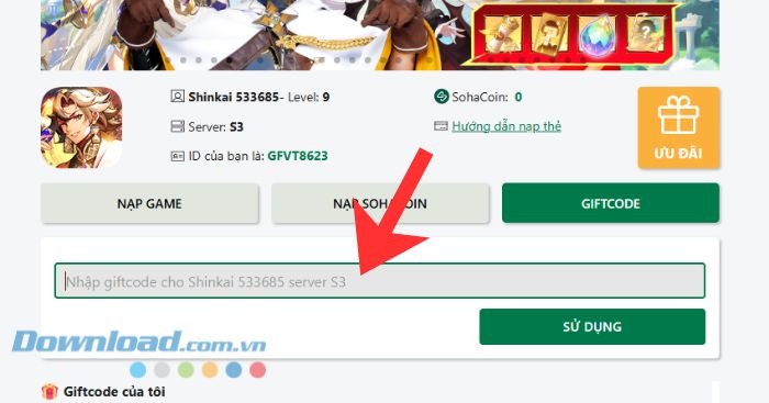 Nhập mã code game > Nhấp chuột vào nút Sử dụng
