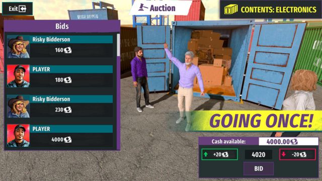 Tham gia những phiên đấu giá may rủi trong Salvage Shop Simulator để sở hữu container hàng giá trị