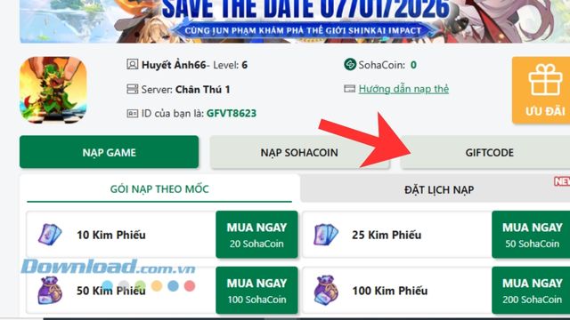 Chạm vào nút Giftcode