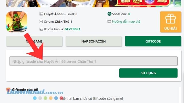 Nhập mã code > Nhấn vào nút Sử dụng
