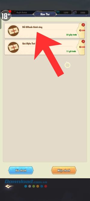 Chạm vào mục thư Đổi Giftcode thành công