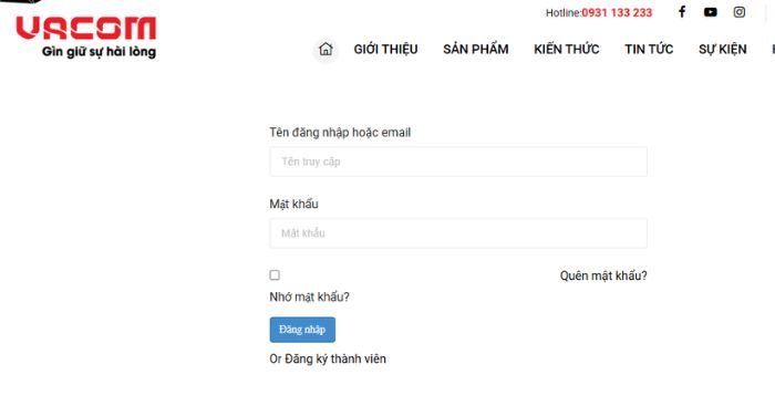 Giao diện đăng nhập của trang web VACOM vaShop