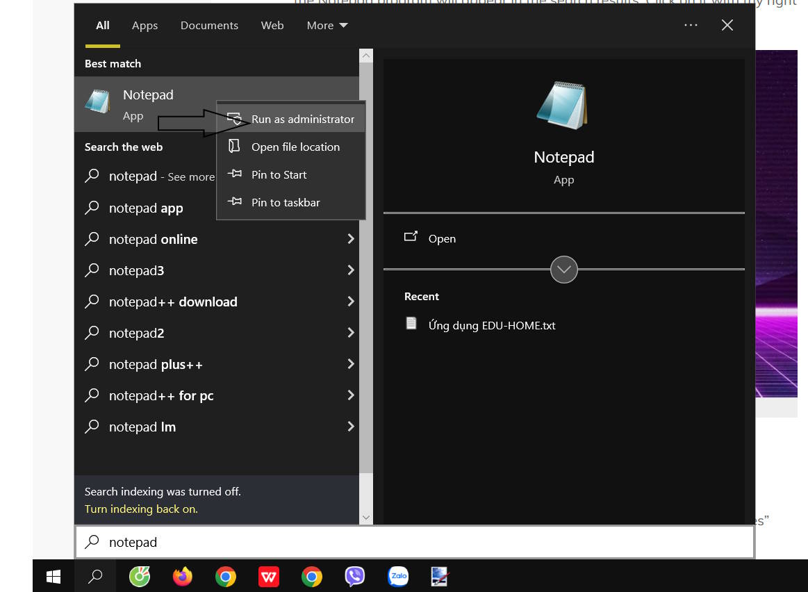 Mở Notepad bằng quyền quản trị viên