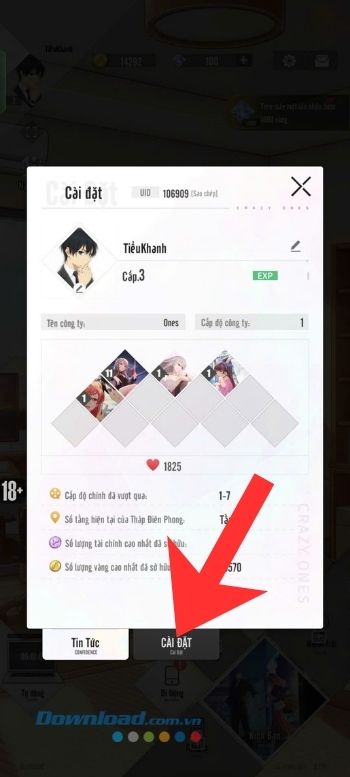 Chạm vào mục Cài đặt