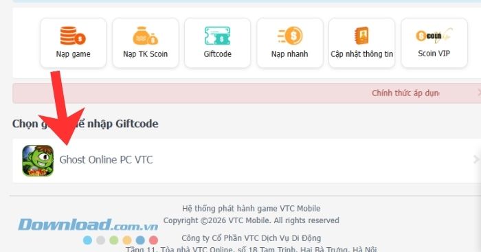 Ấn vào game Ghost Online PC mà mình muốn nhập giftcode.